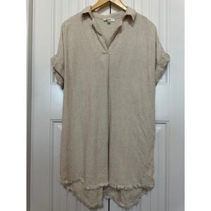 Umgee Women's Dress XL Beige Excellent Linen Blend Frayed Hem Coastal Boho Tunic